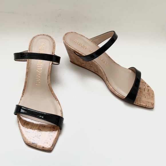 Stuart Weitzman Aleena 50 wedge Black patent leather sandals pumps mules 6.5 - Picture 13 of 13